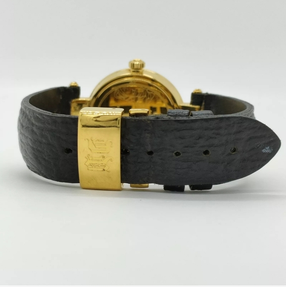 Versace Swiss Made Ladies Goldtone Watch W/Black Leather Shark Band Working - Picture 4 of 10